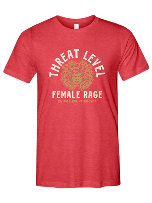Red t-shirt with graphic design of medusa and says threat level female rage petrify the patriarchy on a white background