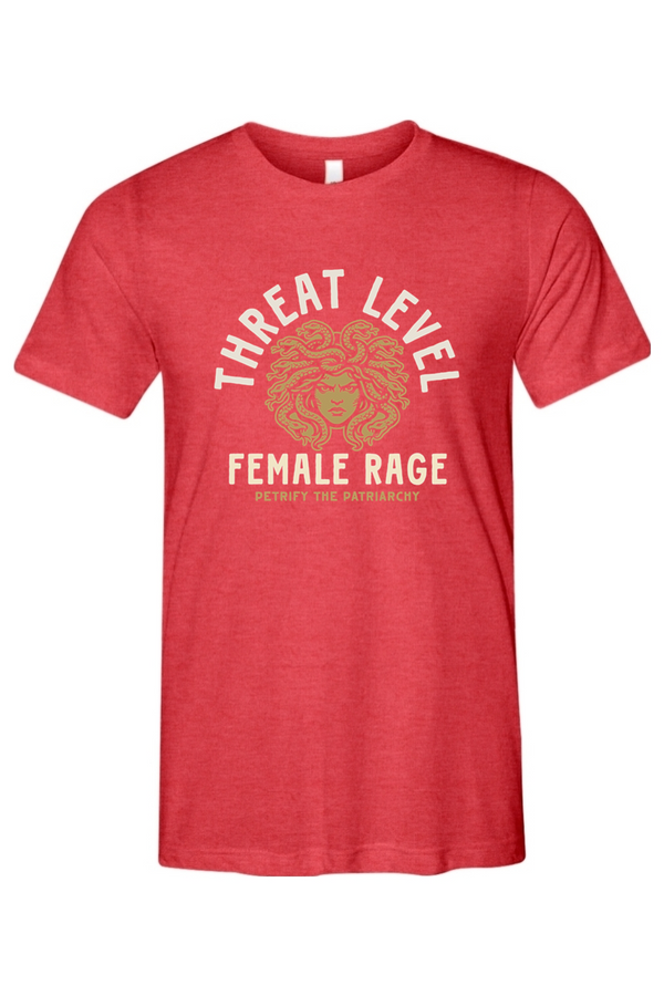 Red t-shirt with graphic design of medusa and says threat level female rage petrify the patriarchy on a white background