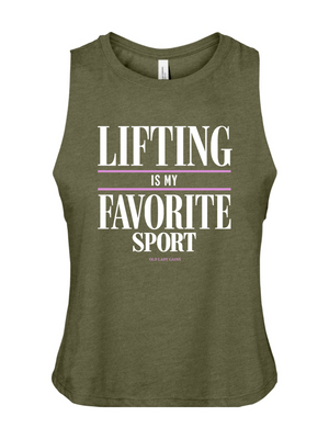 An olive green heathered sleeveless tank top with a printed graphic on the front that reads 'LIFTING IS MY FAVORITE SPORT' in white text with a thin pink horizontal line accent.