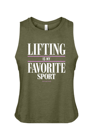 An olive green heathered sleeveless tank top with a printed graphic on the front that reads 'LIFTING IS MY FAVORITE SPORT' in white text with a thin pink horizontal line accent.