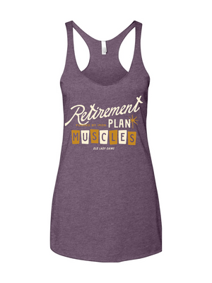 Women over 40 wearing “Retirement Plan: Muscles” fitness tank, strength training for bone density, active aging, weight lifting apparel for strong midlife women.