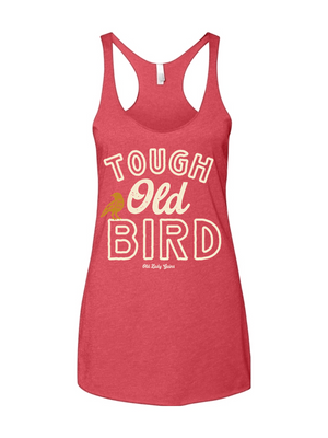 Red tank top with 'Tough Old Bird' text and graphic on a white background