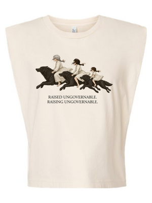 An off-white sleeveless crop top featuring a vintage-style graphic of three children riding black horses, with the text 'RAISED UNGOVERNABLE. RAISING UNGOVERNABLE.