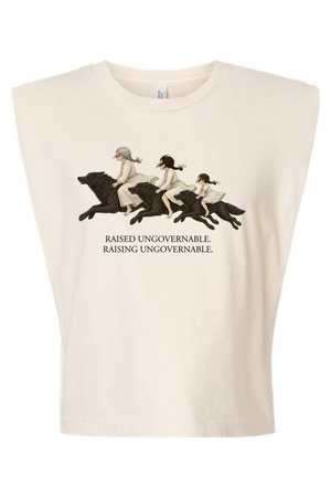 An off-white sleeveless crop top featuring a vintage-style graphic of three children riding black horses, with the text 'RAISED UNGOVERNABLE. RAISING UNGOVERNABLE.