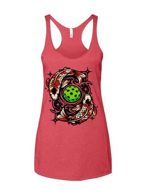 Red tank top with a colorful koi fish swimming around a pickleball design on a white background