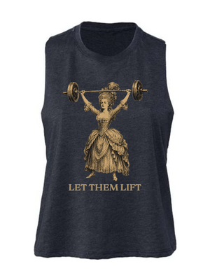 Black sleeveless shirt with vintage graphic of a woman lifting weights and 'LET THEM LIFT' text on a white background.