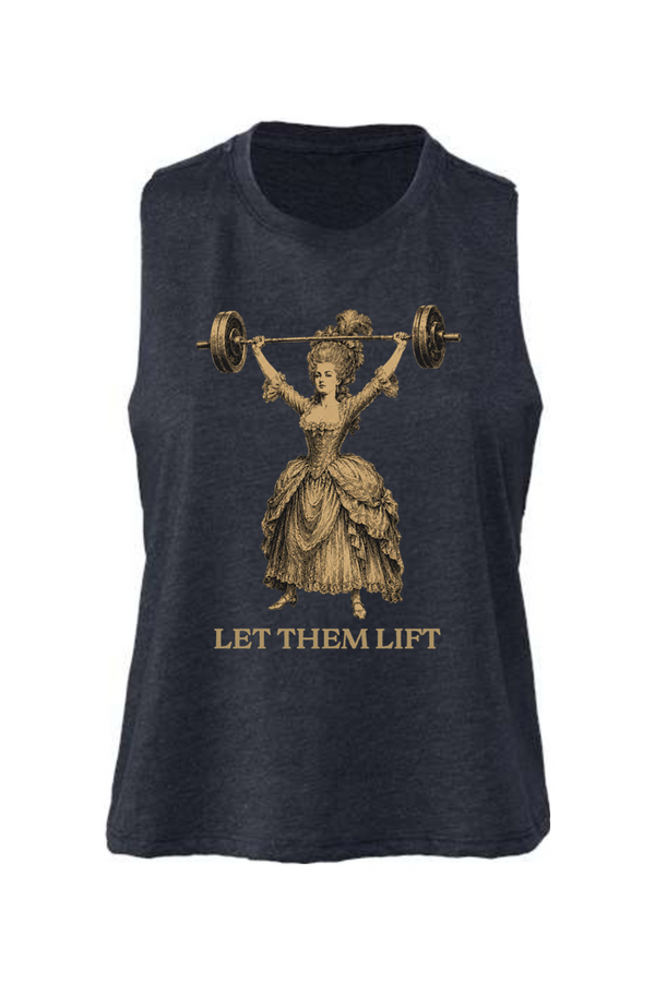 Black sleeveless shirt with vintage graphic of a woman lifting weights and 'LET THEM LIFT' text on a white background.