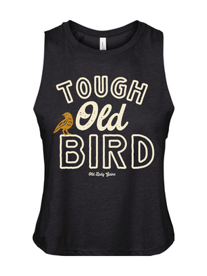 Black tank top with 'Tough Old Bird' text and a bird graphic on a white background
