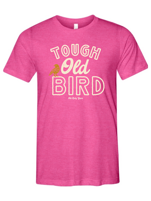 Pink t-shirt with 'Tough Old Bird' text on a white background