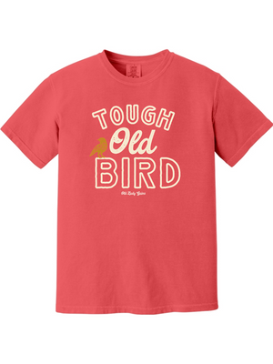 Red t-shirt with 'Tough Old Bird' text on a white background