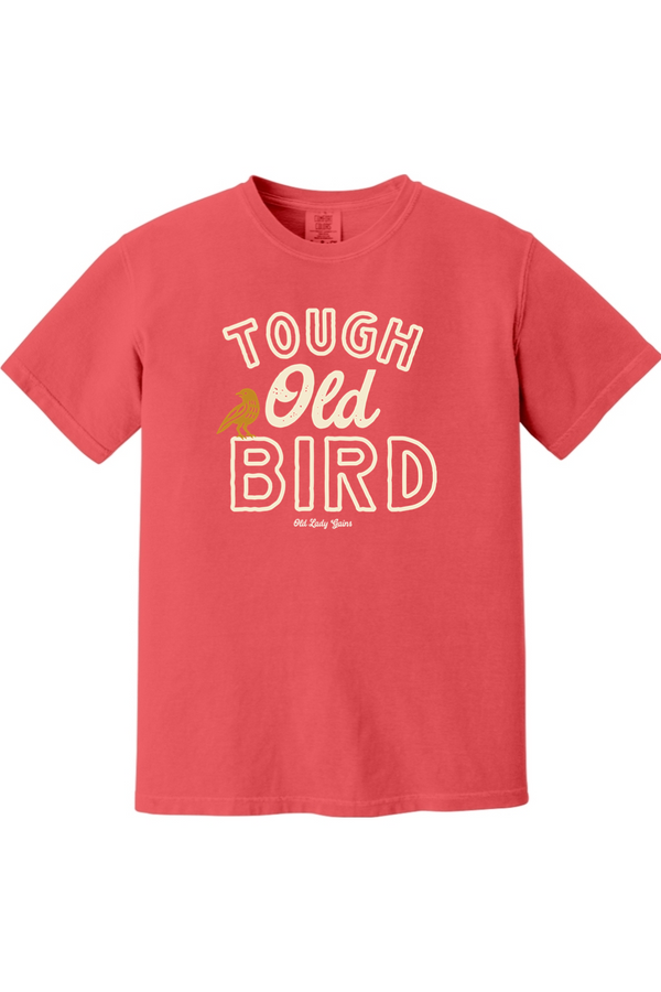 Red t-shirt with 'Tough Old Bird' text on a white background