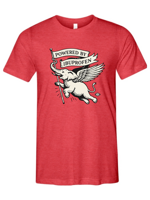 Red t-shirt with a graphic of an elephant holding a banner that says 'Powered by Ibuprofen' on a white background.