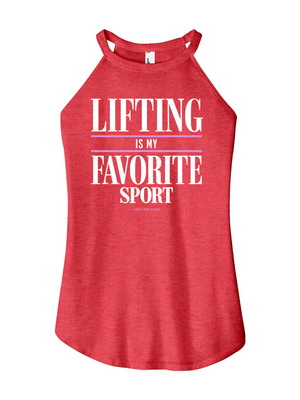 A heather red racerback tank top with white text reading 'LIFTING IS MY FAVORITE SPORT' on the front, displayed against a solid white background.