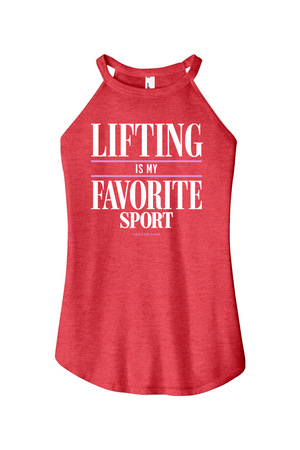 A heather red racerback tank top with white text reading 'LIFTING IS MY FAVORITE SPORT' on the front, displayed against a solid white background.