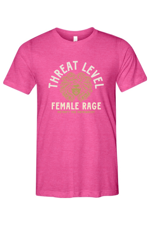 Pink t-shirt with 'THREAT LEVEL FEMALE RAGE' text and graphic on a white background
