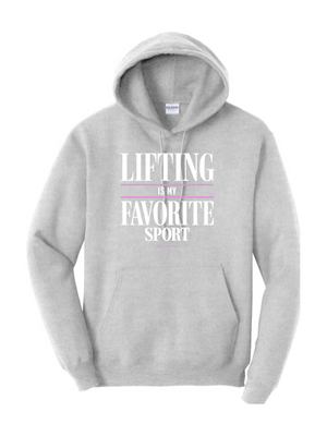 Gray hoodie with a logo on the chest against a white background