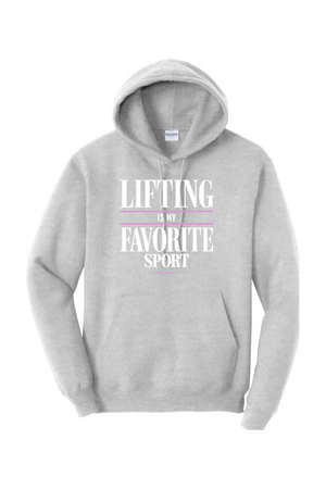 Gray hoodie with a logo on the chest against a white background