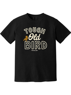 Black t-shirt with 'Tough Old Bird' text and graphic on a white background