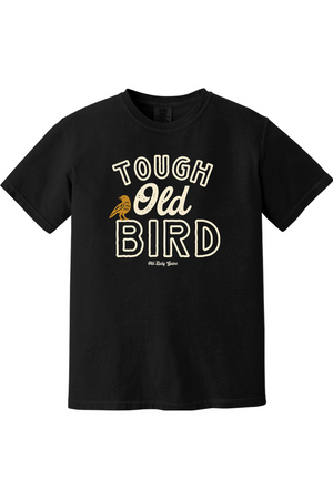 Black t-shirt with 'Tough Old Bird' text and graphic on a white background