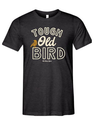 Black t-shirt with 'Tough Old Bird' text and graphic on a white background