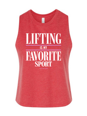A heather red sleeveless tank top with a white graphic text print reading 'LIFTING IS MY FAVORITE SPORT' on the front, displayed against a solid white background.