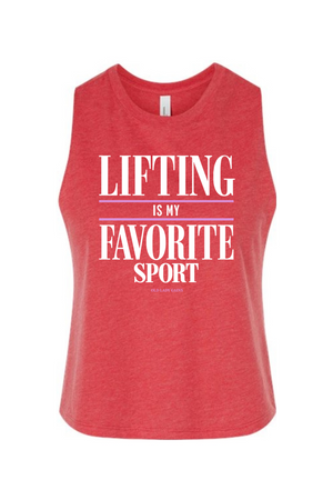 A heather red sleeveless tank top with a white graphic text print reading 'LIFTING IS MY FAVORITE SPORT' on the front, displayed against a solid white background.