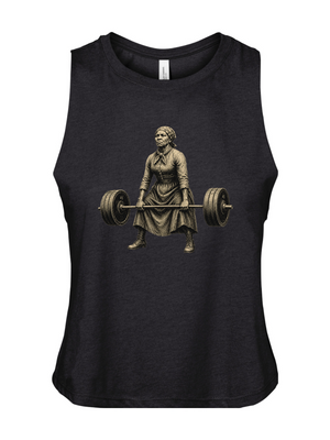 Black tank top with a vintage-style graphic of a woman lifting weights on a white background