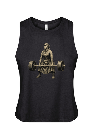 Black tank top with a vintage-style graphic of a woman lifting weights on a white background