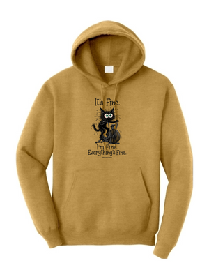 A mustard yellow pullover hoodie with a black graphic of a cat holding a mug and the text 'It's Fine. I'm Fine.