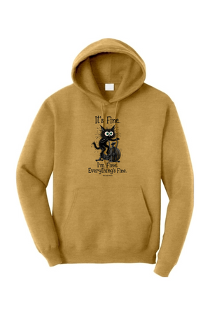 A mustard yellow pullover hoodie with a black graphic of a cat holding a mug and the text 'It's Fine. I'm Fine.