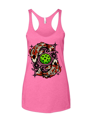 Pink tank top with a colorful koi fish swimming around a pickleball design on a white background