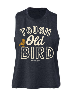Black sleeveless shirt with 'Tough Old Bird' text and bird graphic on a white background