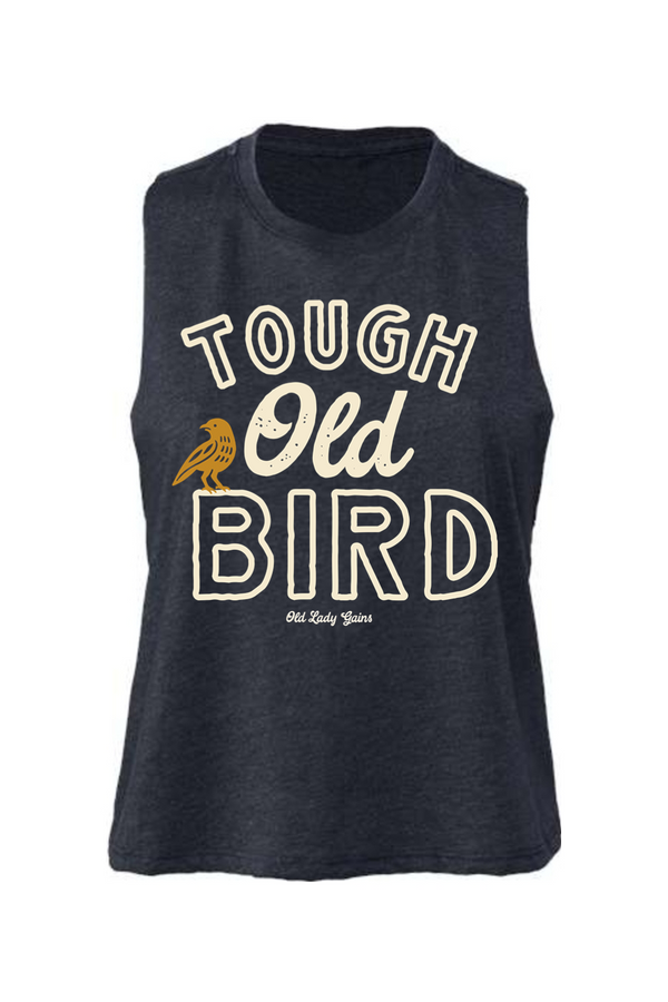 Black sleeveless shirt with 'Tough Old Bird' text and bird graphic on a white background