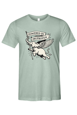 Light green t-shirt with a graphic of an elephant holding a banner that says 'Powered by Ibuprofen' on a white background.