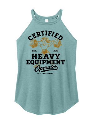A heathered light blue racerback tank top featuring a vintage-style graphic of a woman lifting a barbell with the text 'CERTIFIED HEAVY EQUIPMENT Operator' in black and gold.