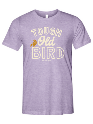 Purple t-shirt with 'Tough Old Bird' text and graphic on a white background