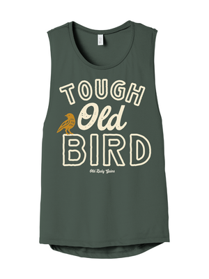 Vintage Tough Old Bird graphic shirt for strong women over 40 featuring bold lettering and small bird illustration in retro style.