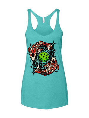 Turquoise tank top with colorful koi fish swimming around a green pickleball design on a white background
