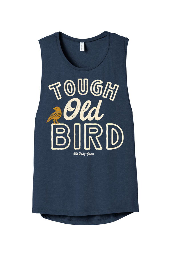 Vintage Tough Old Bird graphic shirt for strong women over 40 featuring bold lettering and small bird illustration in retro style.