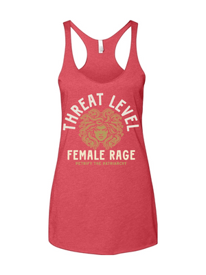 Red tank top with 'Threat Level Female Rage' text on a white background
