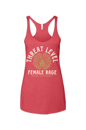 Red tank top with 'Threat Level Female Rage' text on a white background