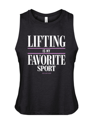 A black sleeveless tank top with a graphic print that reads 'LIFTING IS MY FAVORITE SPORT' in white text, accented by a thin pink horizontal line.