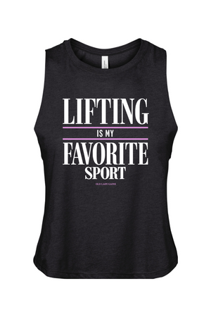 A black sleeveless tank top with a graphic print that reads 'LIFTING IS MY FAVORITE SPORT' in white text, accented by a thin pink horizontal line.