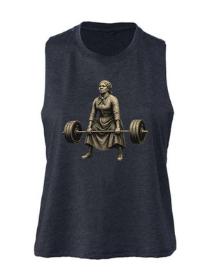 Black sleeveless shirt with a bronze statue graphic of a woman lifting weights on a white background
