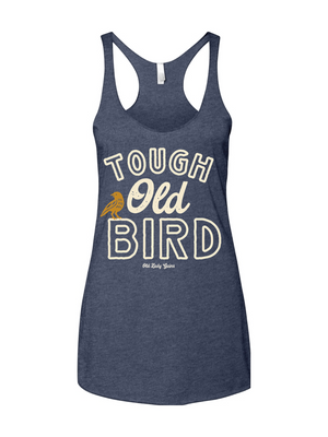 Navy tank top with 'Tough Old Bird' text and graphic on a white background