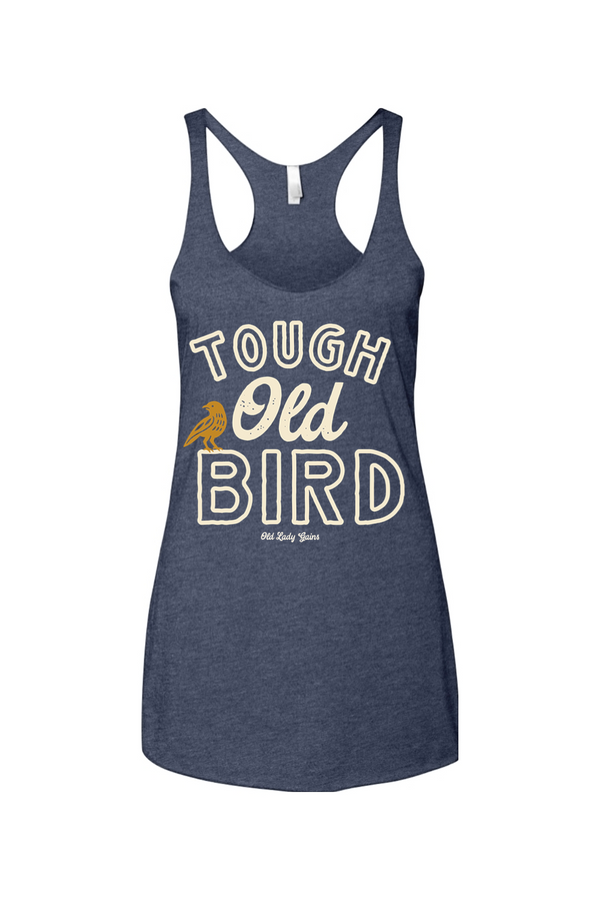 Navy tank top with 'Tough Old Bird' text and graphic on a white background
