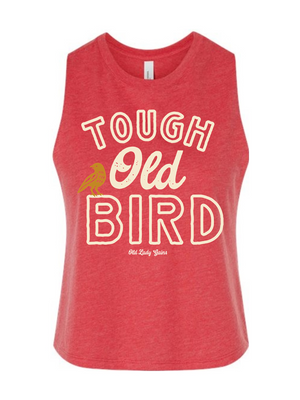 Red tank top with 'Tough Old Bird' text and a bird graphic on a white background