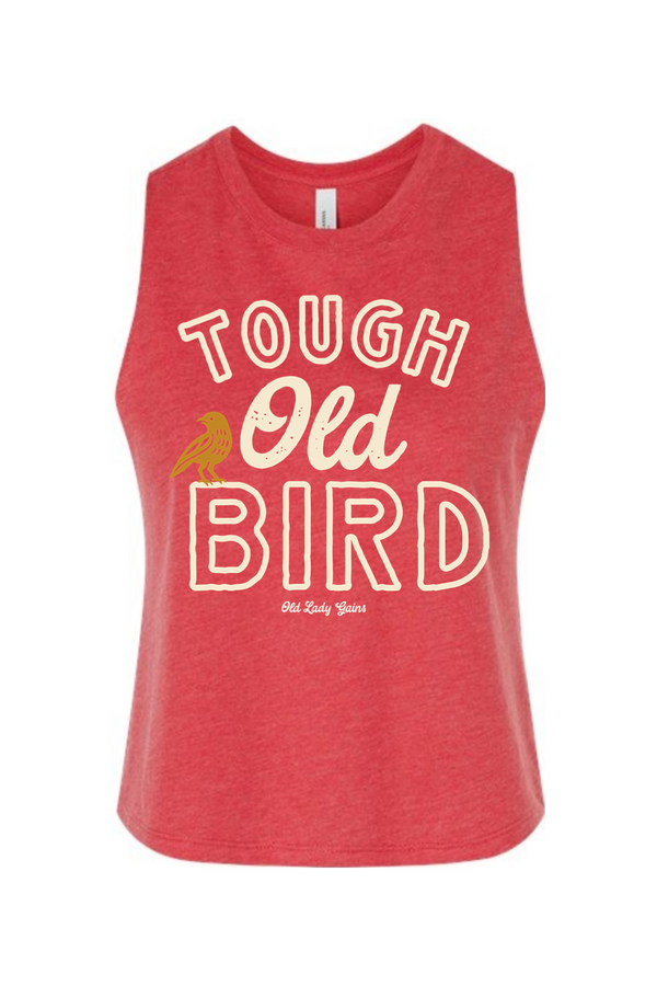Red tank top with 'Tough Old Bird' text and a bird graphic on a white background