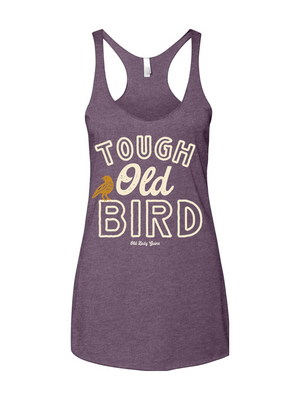 Purple tank top with 'Tough Old Bird' text and graphic on a white background