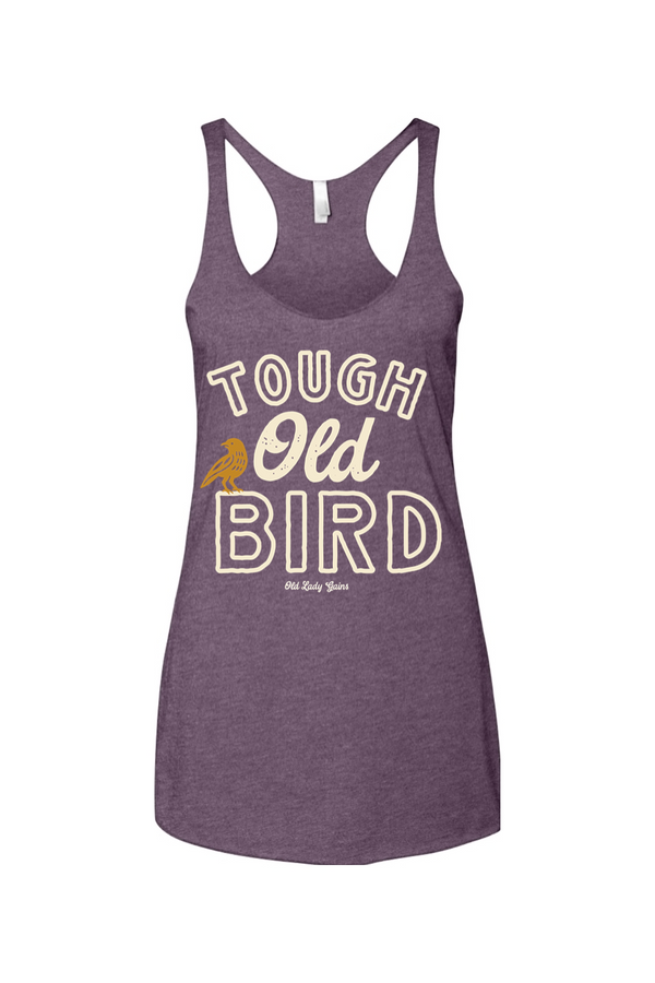 Purple tank top with 'Tough Old Bird' text and graphic on a white background